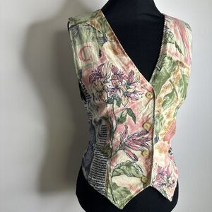 Vintage Romantic Floral Vest 80s 90s Victorian Steampunk Retro Waistcoat S USA